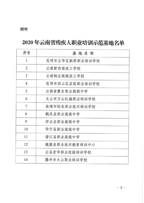  2020年云南省残疾人职业培训示范基地名单